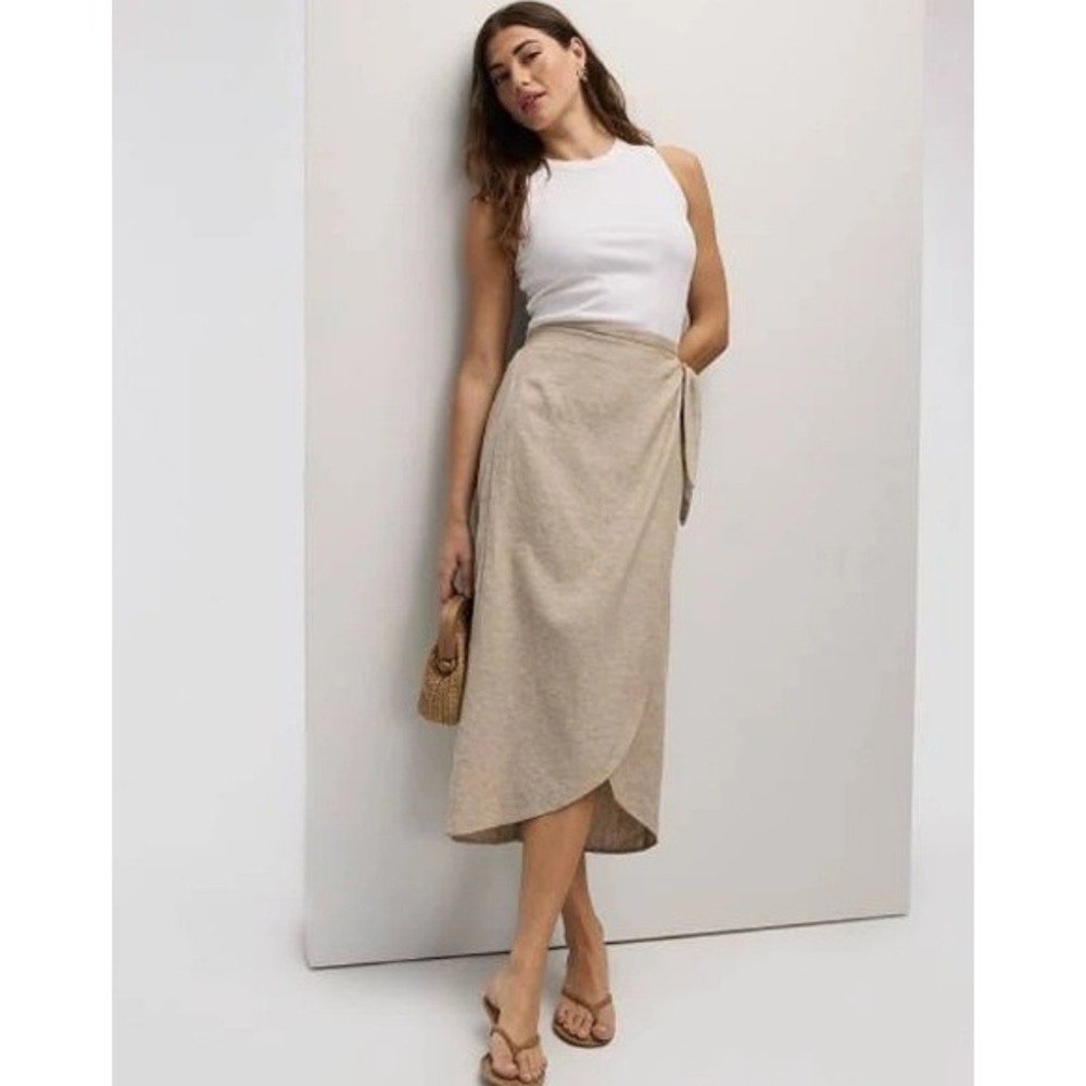 Reitmans Linen Blend Wrap Midi Skirt Oatmeal Beige XL Elastic Back Tulip Hem